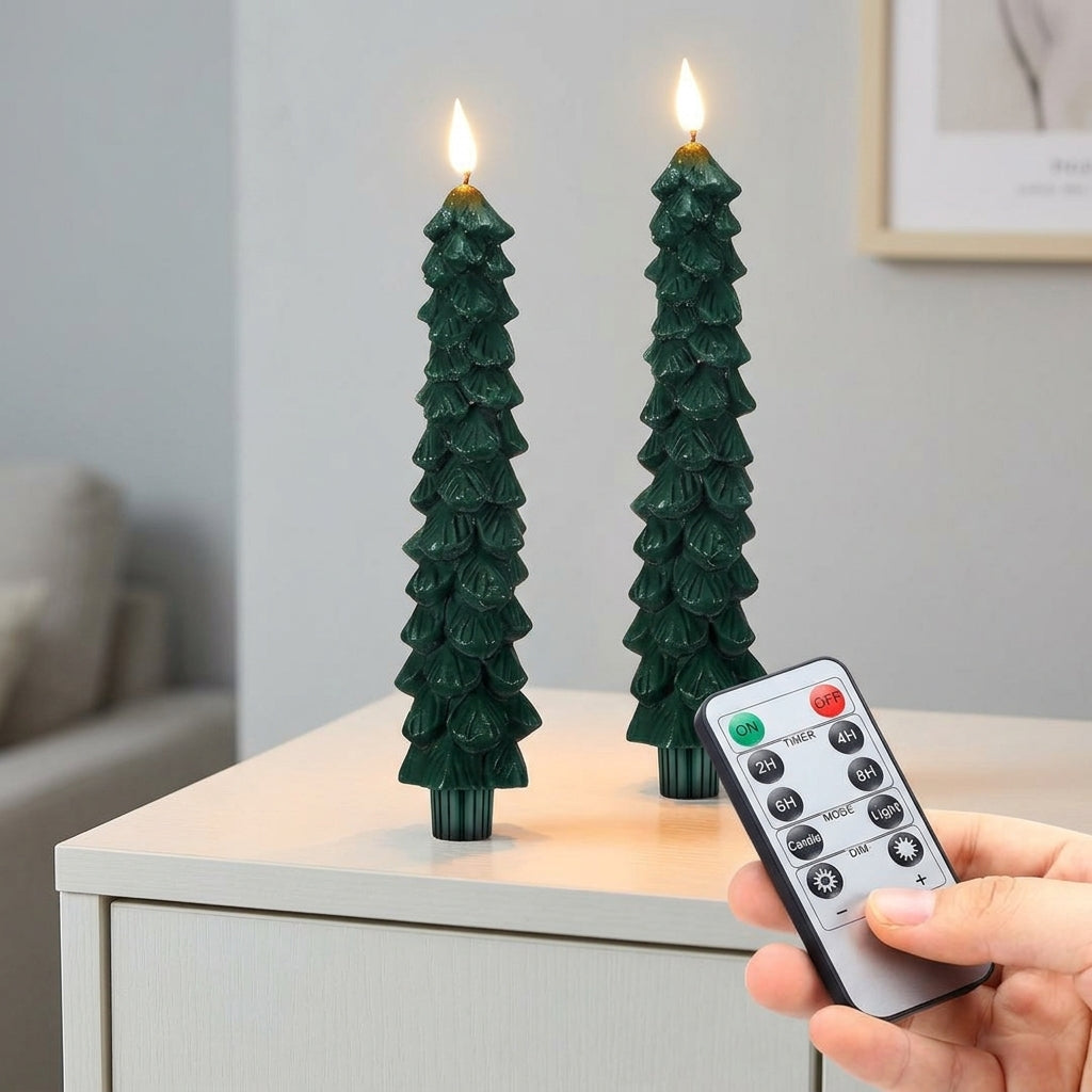 Kerze Tannenform mit Flammeneffekt und Fernbedienung