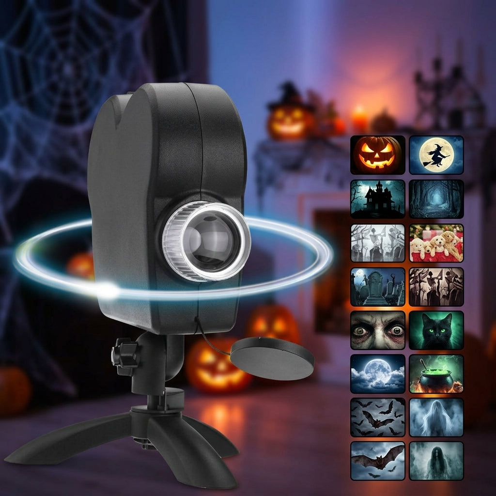 Halloween Projektor mit 12 Gruselvideos, Stativ und Leinwand