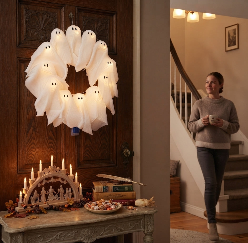 Halloween Kranz mit LED Beleuchtung – 12 leuchtende Geister, 31 cm