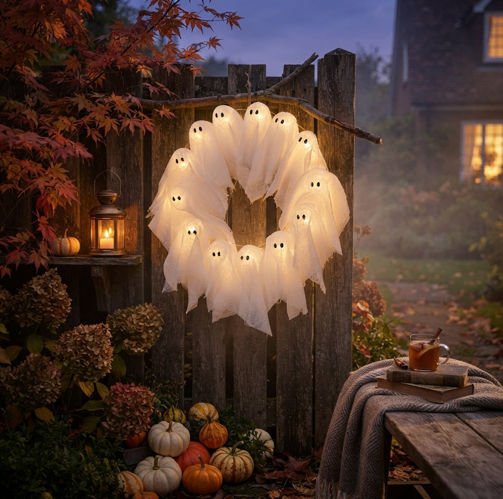 Halloween Kranz mit LED Beleuchtung – 12 leuchtende Geister, 31 cm