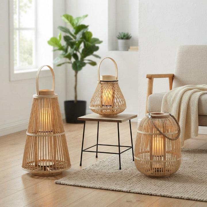 Rattan Laterne mit flammenloser LED-Kerze – handgeflochten