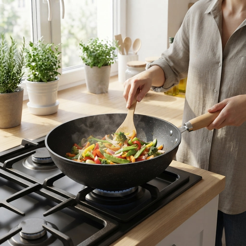Keramik-Wok mit Glasdeckel und Holzgriff für alle Herdarten