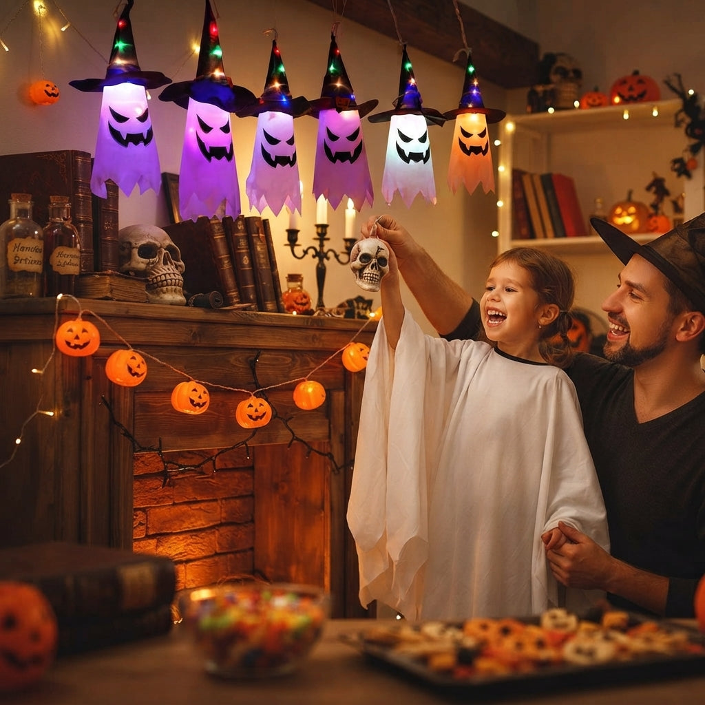 Halloween Lichterkette mit Geisterlaternen – 5 LED Geister warmweiß