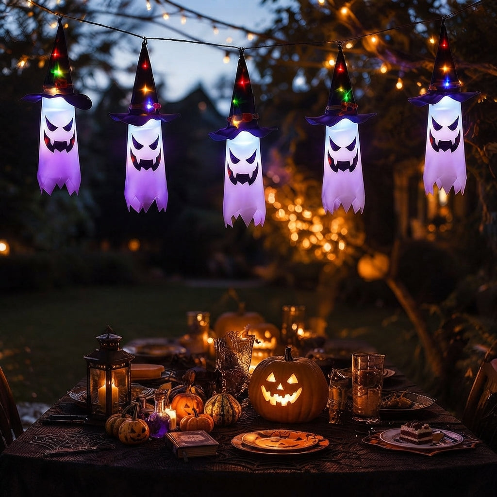 Halloween Lichterkette mit Geisterlaternen – 5 LED Geister warmweiß