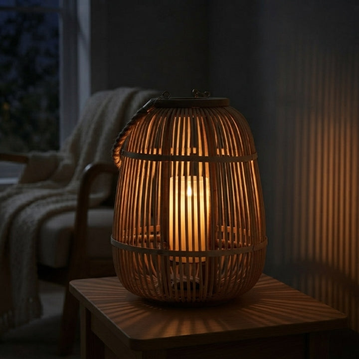 Rattan Laterne mit flammenloser LED-Kerze – handgeflochten