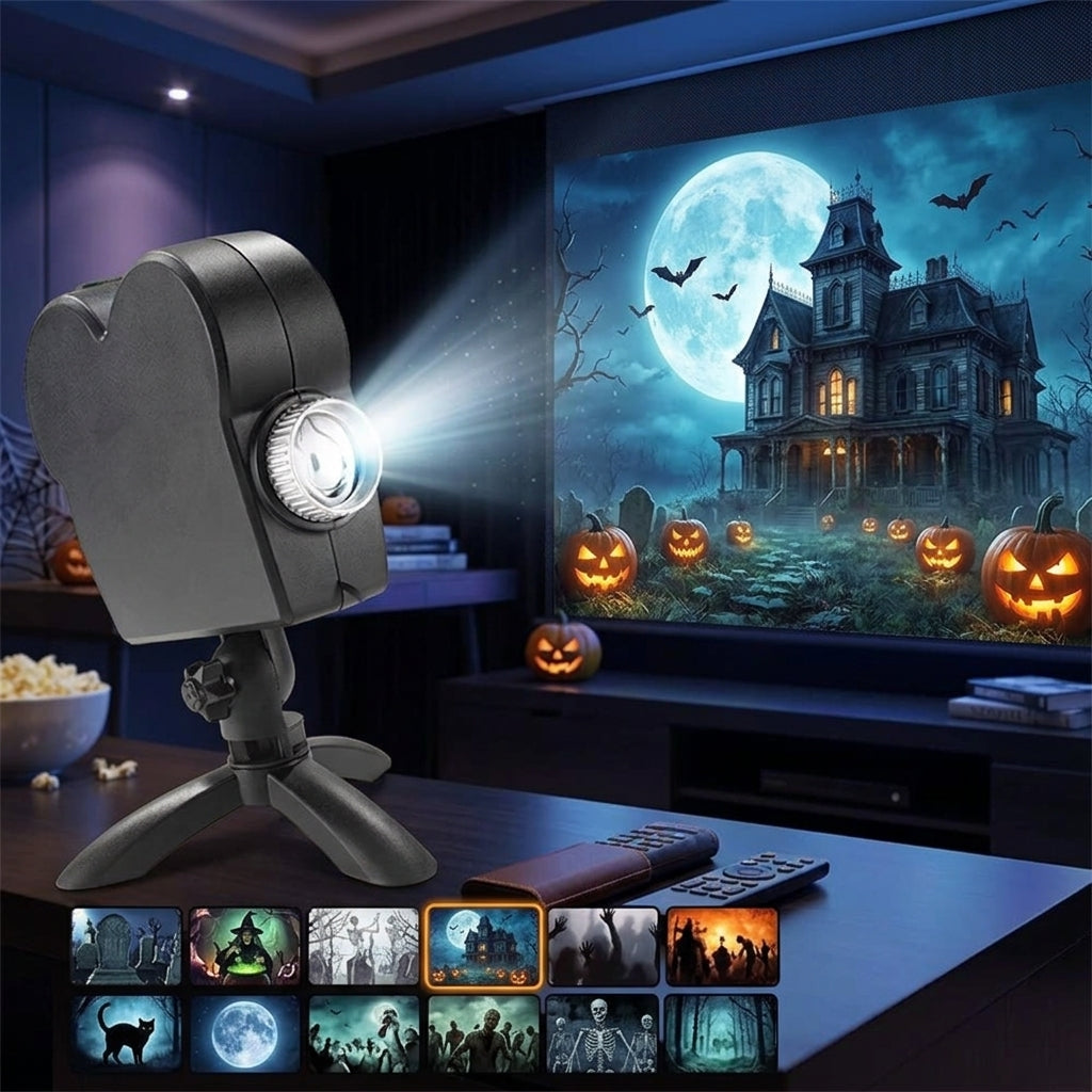 Halloween Projektor mit 12 Gruselvideos, Stativ und Leinwand