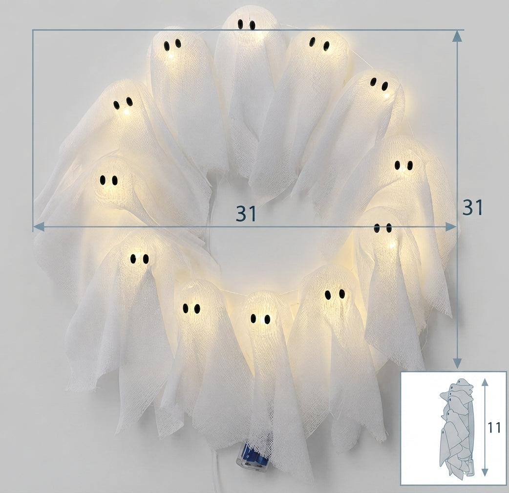 Halloween Kranz mit LED Beleuchtung – 12 leuchtende Geister, 31 cm