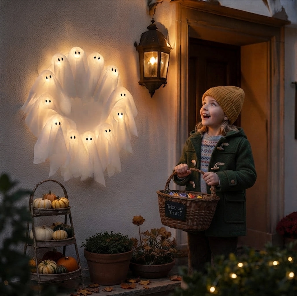 Halloween Kranz mit LED Beleuchtung – 12 leuchtende Geister, 31 cm