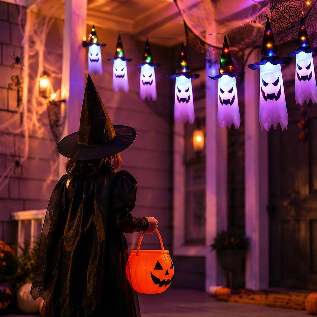 Halloween Lichterkette mit Geisterlaternen – 5 LED Geister warmweiß