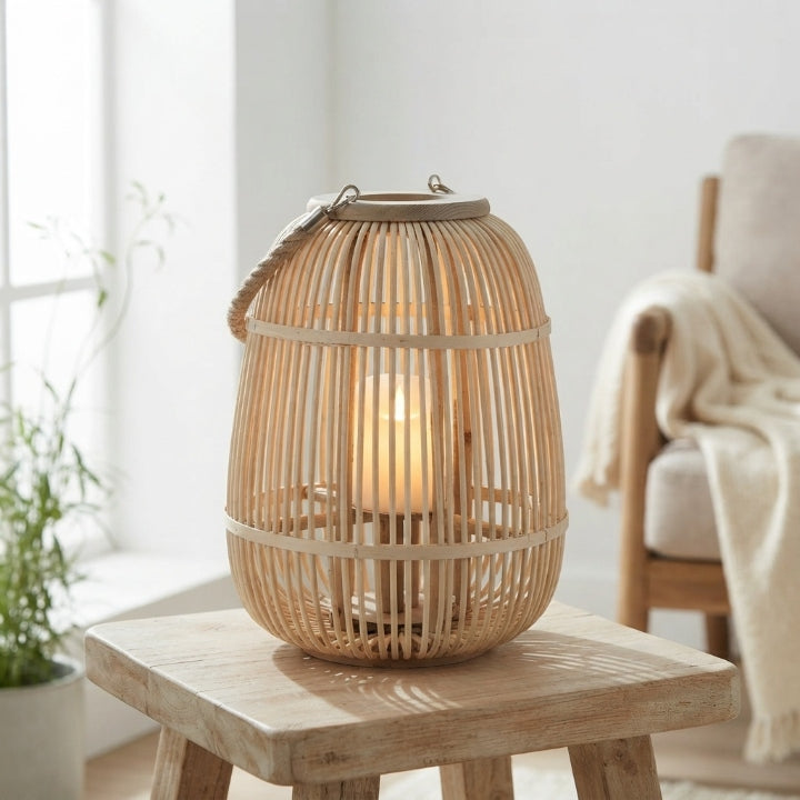 Rattan Laterne mit flammenloser LED-Kerze – handgeflochten