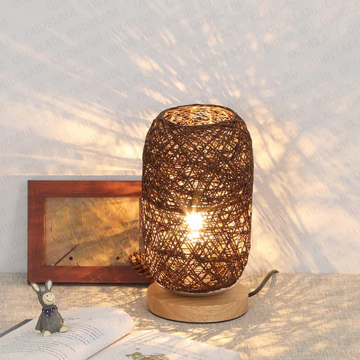 Holz Tischlampe mit Seil handgefertigt warmweißes LED-Licht