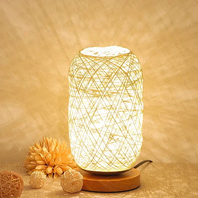 Holz Tischlampe mit Seil handgefertigt warmweißes LED-Licht