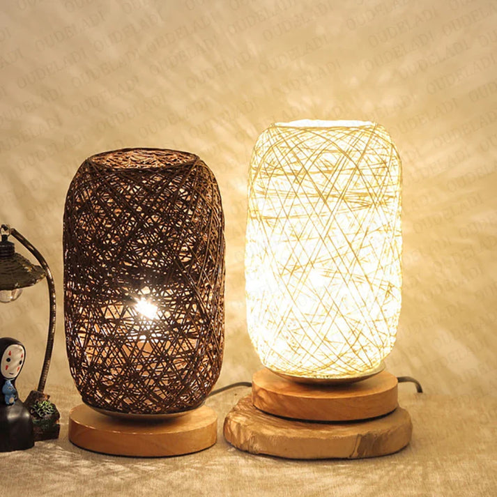 Holz Tischlampe mit Seil handgefertigt warmweißes LED-Licht