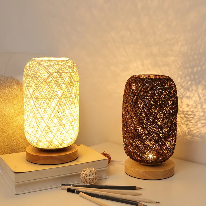 Holz Tischlampe mit Seil handgefertigt warmweißes LED-Licht