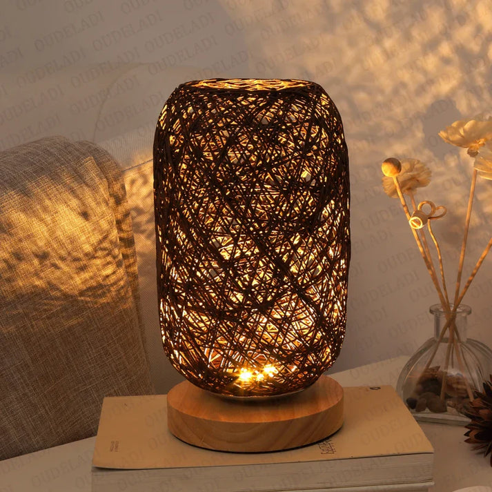 Holz Tischlampe mit Seil handgefertigt warmweißes LED-Licht