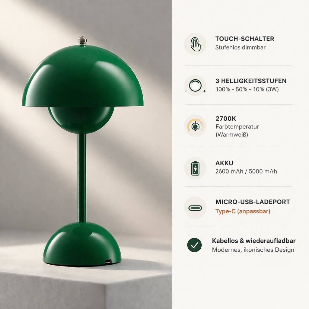 Kabellose LED-Tischlampe mit Akku – dimmbar, warmweißes Licht