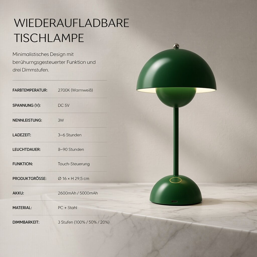 Kabellose LED-Tischlampe mit Akku – dimmbar, warmweißes Licht