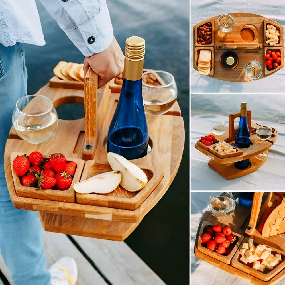 Klappbarer Picknick Weintisch aus Holz mit Glashalterung und Snackfächern