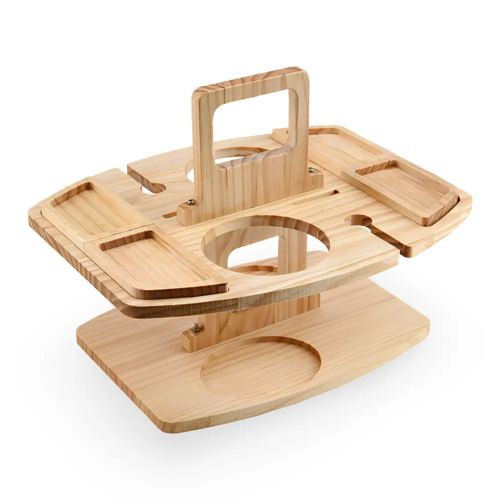 Klappbarer Picknick Weintisch aus Holz mit Glashalterung und Snackfächern
