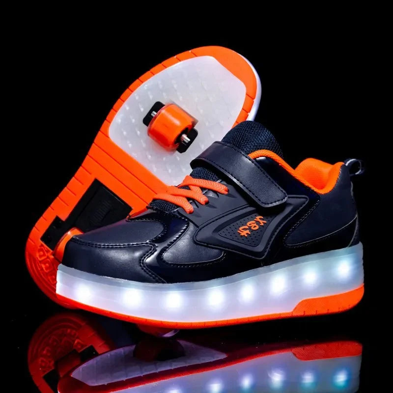 Kinderschuhe mit ausklappbaren Rollen und leuchtender LED-Sohle