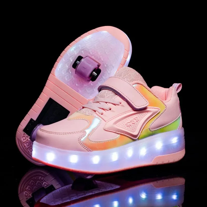 Kinderschuhe mit ausklappbaren Rollen und leuchtender LED-Sohle