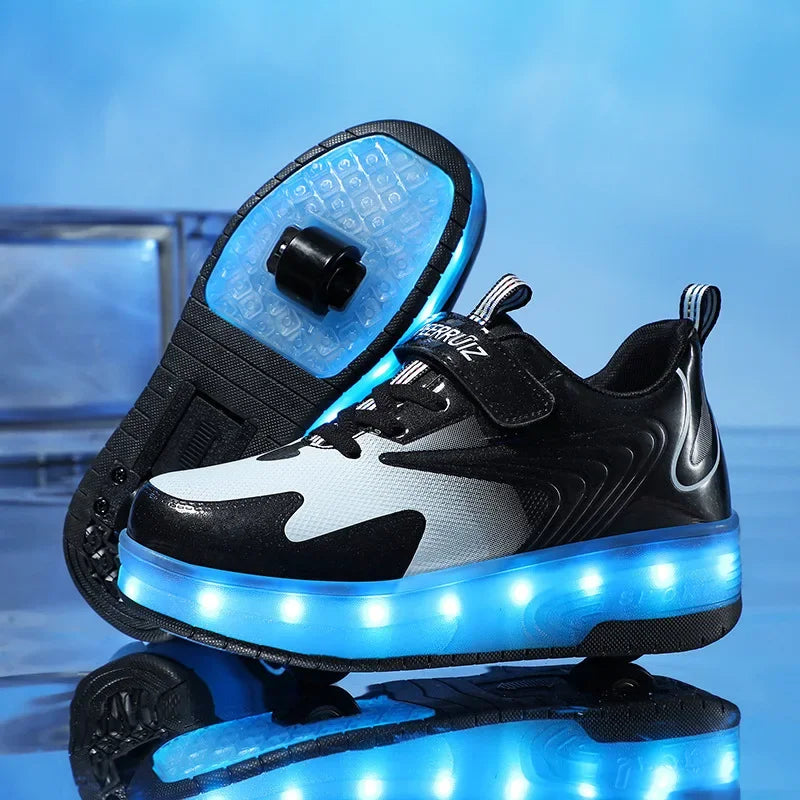 Kinderschuhe mit ausklappbaren Rollen und leuchtender LED-Sohle