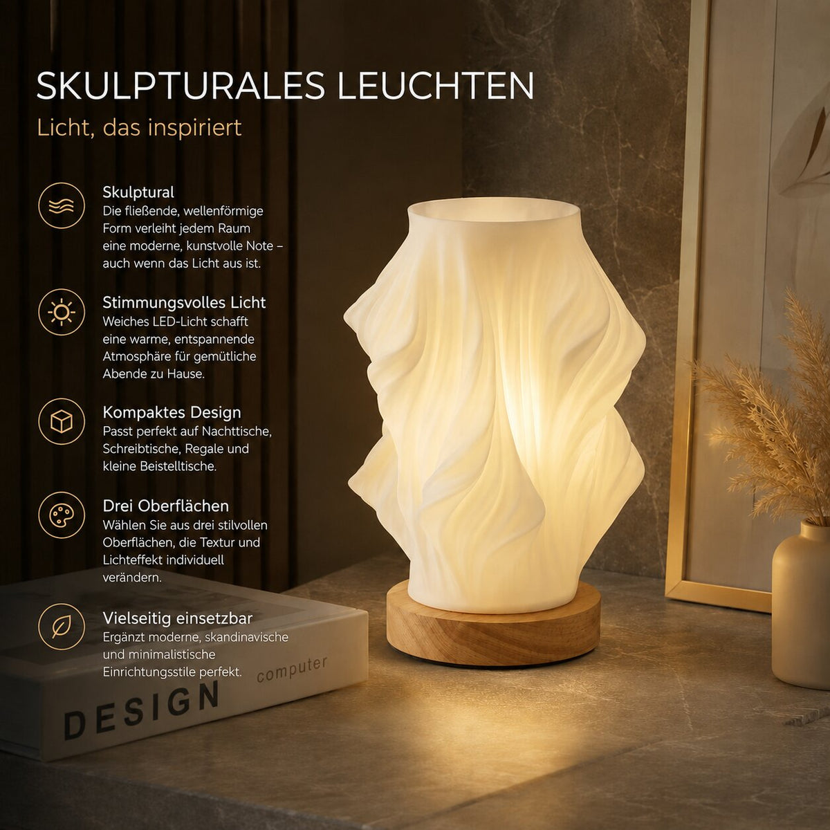 LED Tischlampe mit skulpturaler Struktur und Licht-Schatteneffekt