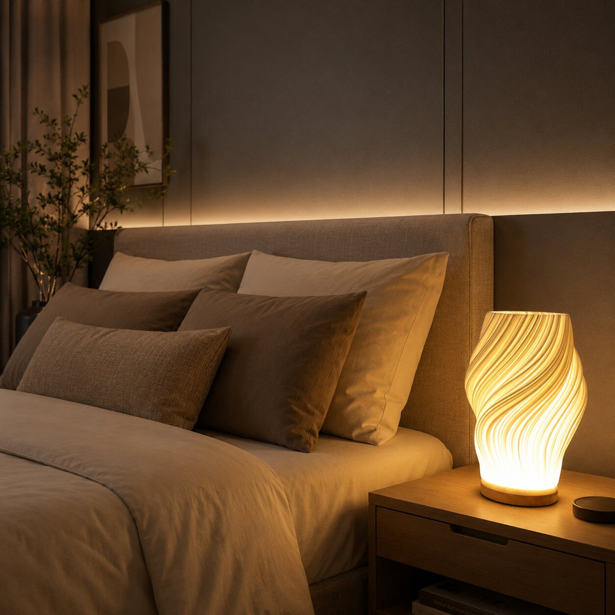 LED Tischlampe mit skulpturaler Struktur und Licht-Schatteneffekt
