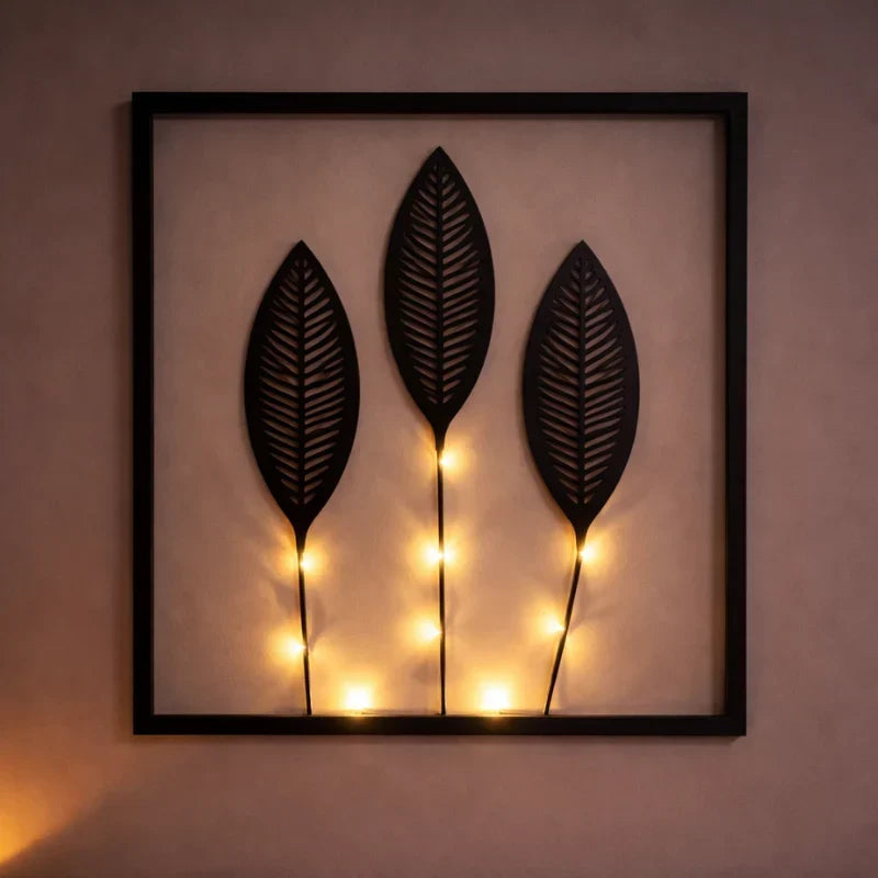 Wanddekoration mit Blättermotiv – 3er-Set mit warmweißem Licht