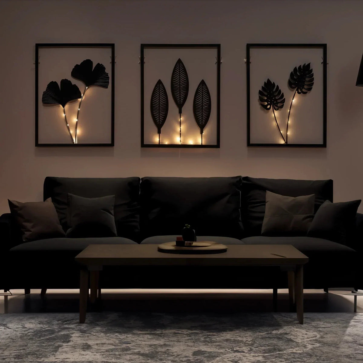 Wanddekoration mit Blättermotiv – 3er-Set mit warmweißem Licht