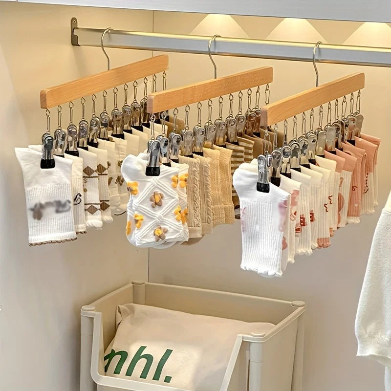 Holz Kleiderbügel mit 12 Clips – platzsparend für Socken