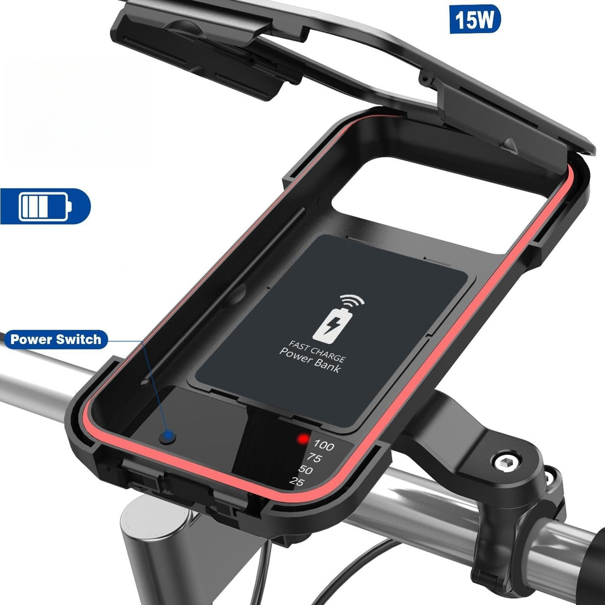 Wasserdichte Fahrrad Handyhalterung mit Kabellosem Laden 15W & Akku