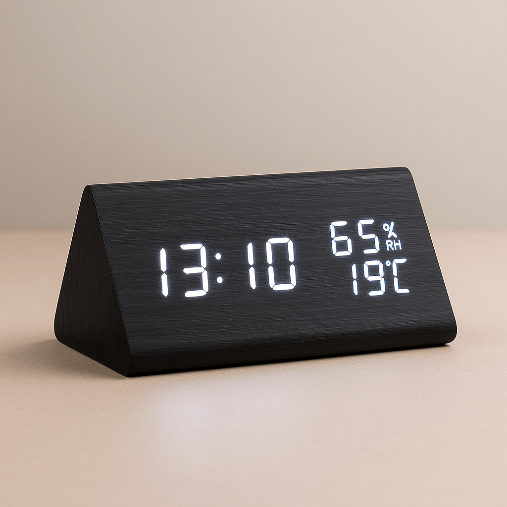 Digitale Holzoptik-Uhr mit Temperaturanzeige und dimmbarem Display
