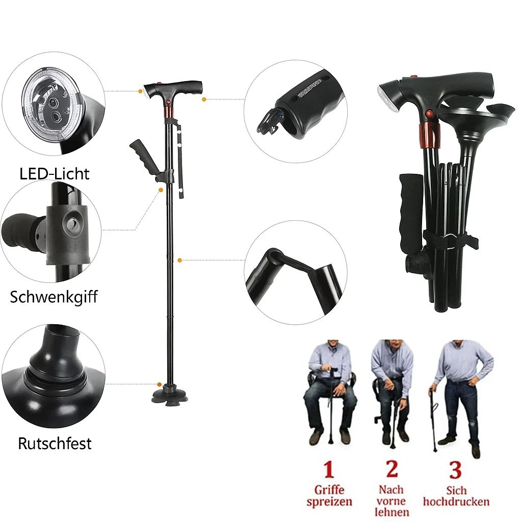 Gehstock höhenverstellbar mit LED-Licht und Alarm aus Aluminium