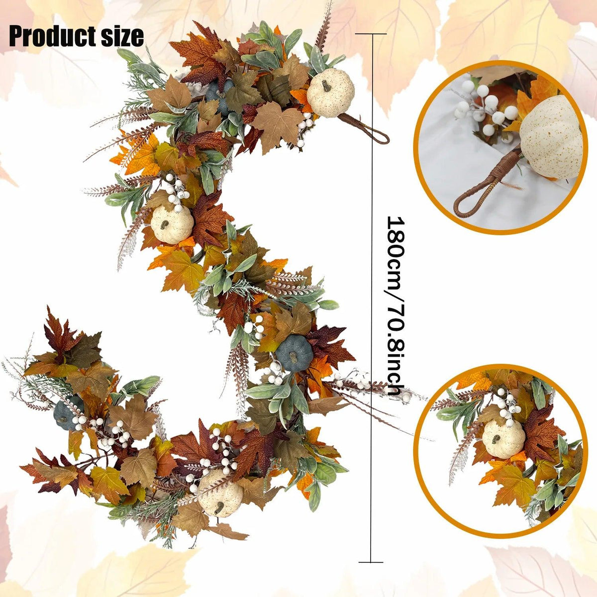 Herbstkranz mit Ahornblättern und Kürbissen für die Haustür