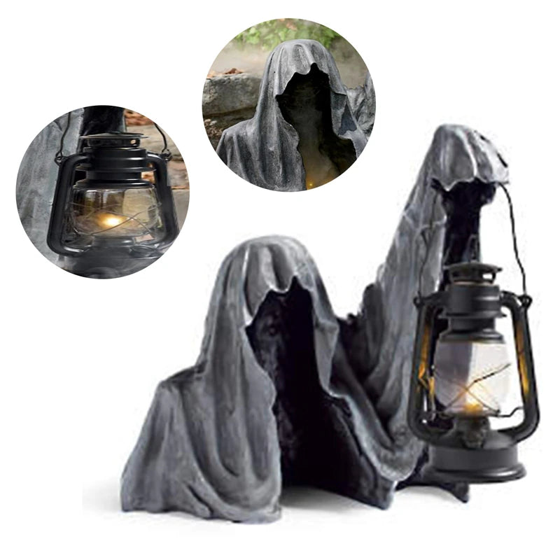 Halloween Sensenmann Figur mit Laterne aus Harz – Wetterfeste Gartendekoration