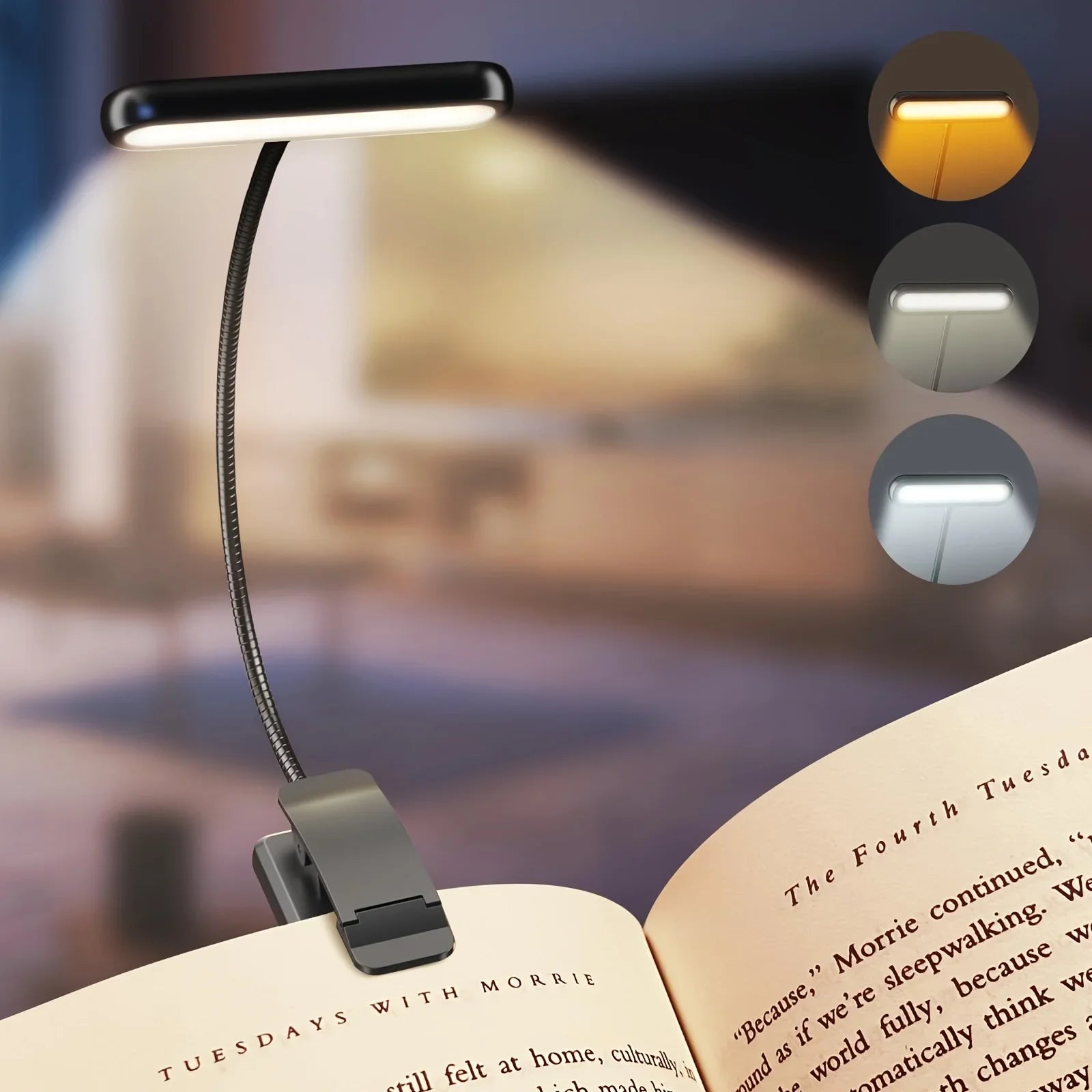 Leselampe mit Clip und Flexarm – USB aufladbar, 3 Lichtfarben