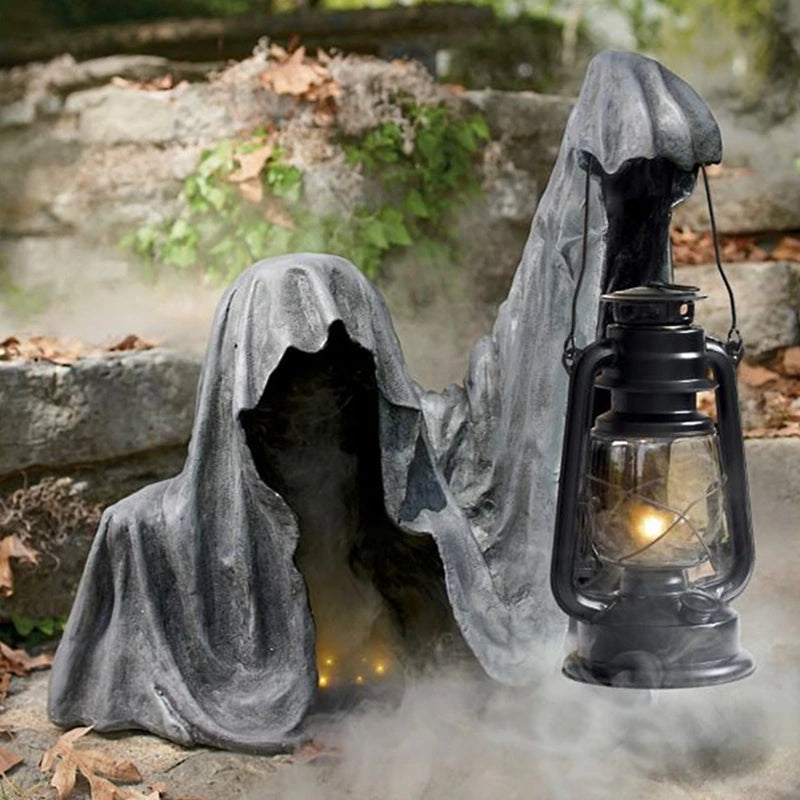 Halloween Sensenmann Figur mit Laterne aus Harz – Wetterfeste Gartendekoration