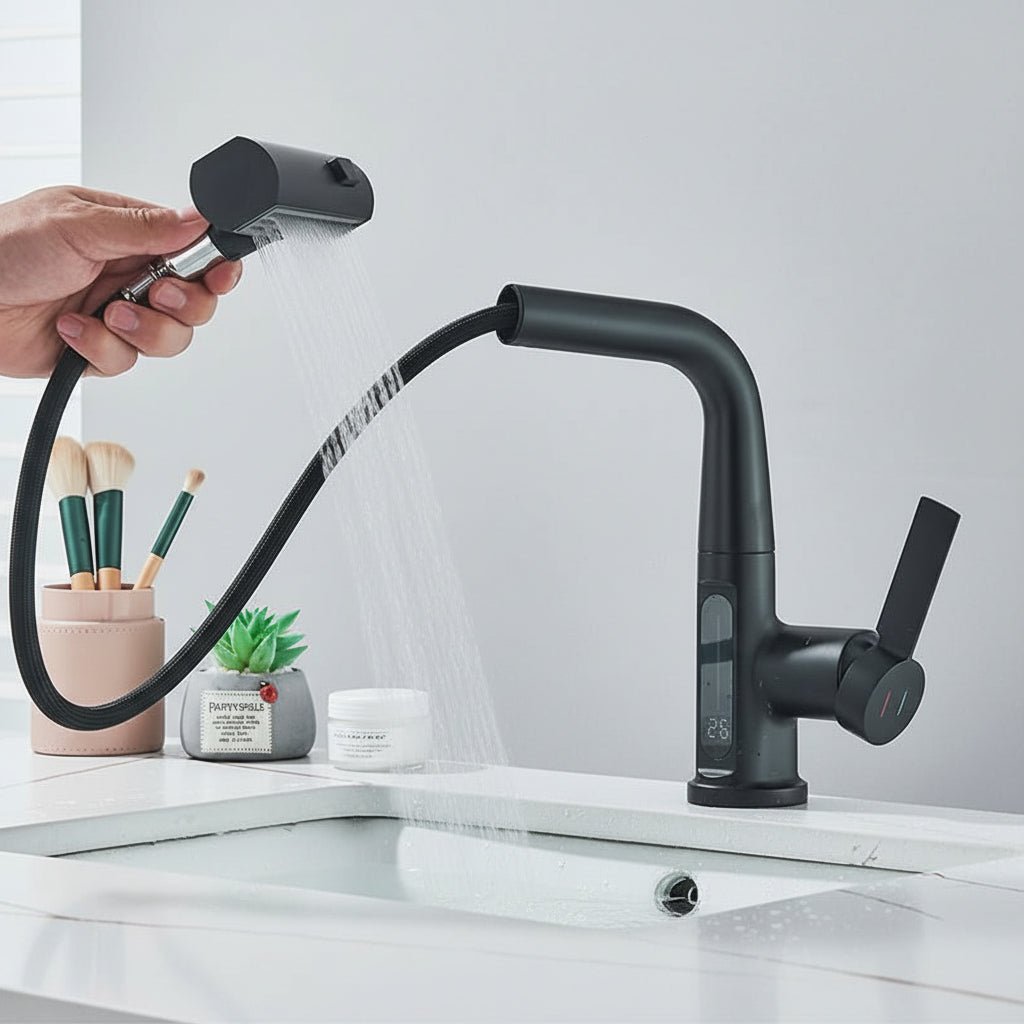 Digitaler Waschtischhahn mit Temperaturanzeige – modern und tropffrei