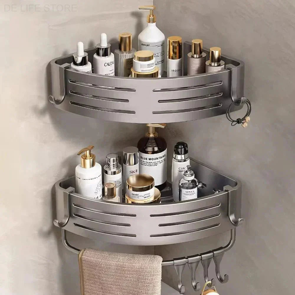 Duschregal Eckregal ohne Bohren 2er-Set mit Haken Aluminium