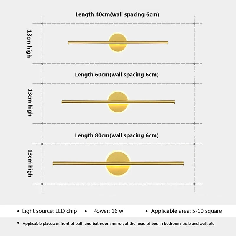 LED Wandleuchte Schwarz Gold – Spiegelleuchte 40/60/80 cm