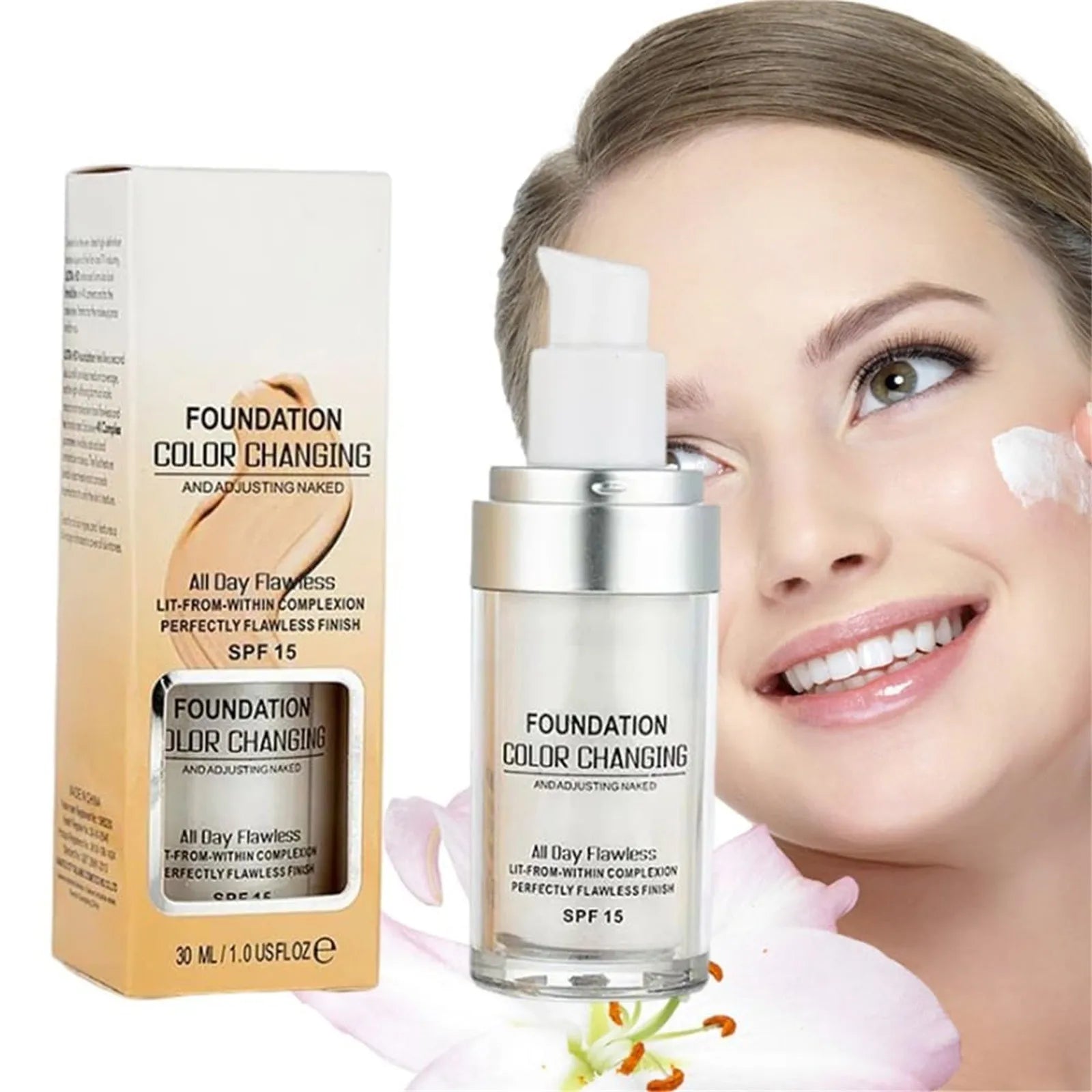 Farbwechselnde Foundation mit automatischer Farbanpassung – Ölfrei & SPF 15