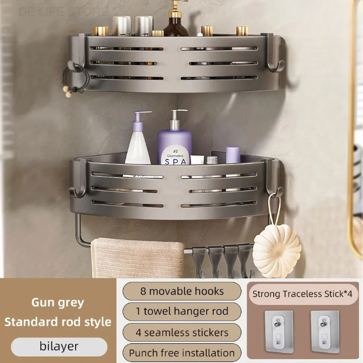 Duschregal Eckregal ohne Bohren 2er-Set mit Haken Aluminium