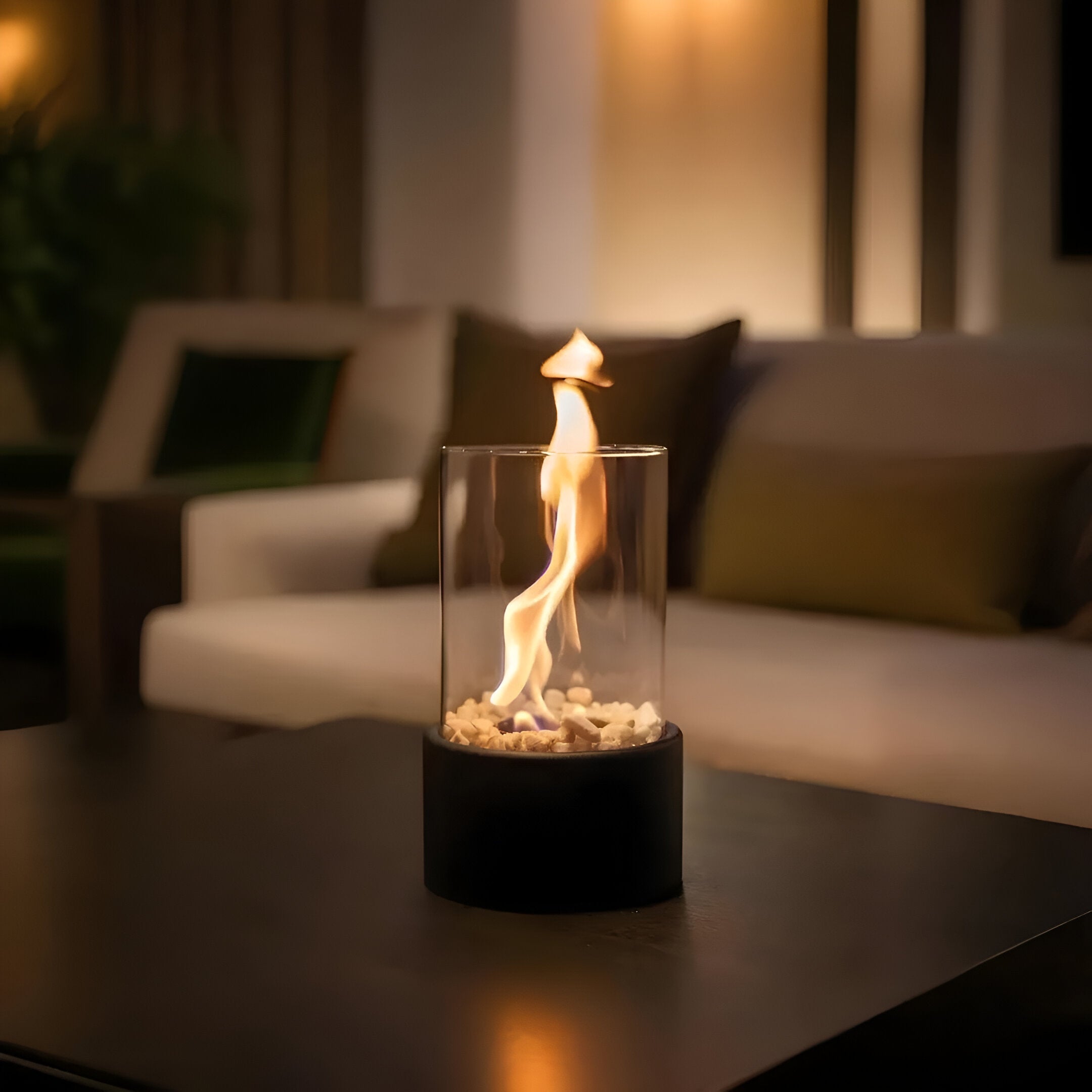 Tischkamin mit Glaszylinder – Bioethanol Tischfeuer für drinnen und draußen