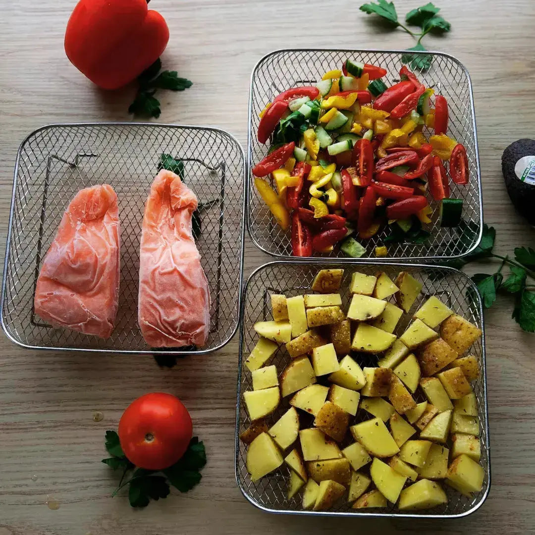 Heißluftfritteusen Einsätze Stapelbar 3er Set mit Zangen