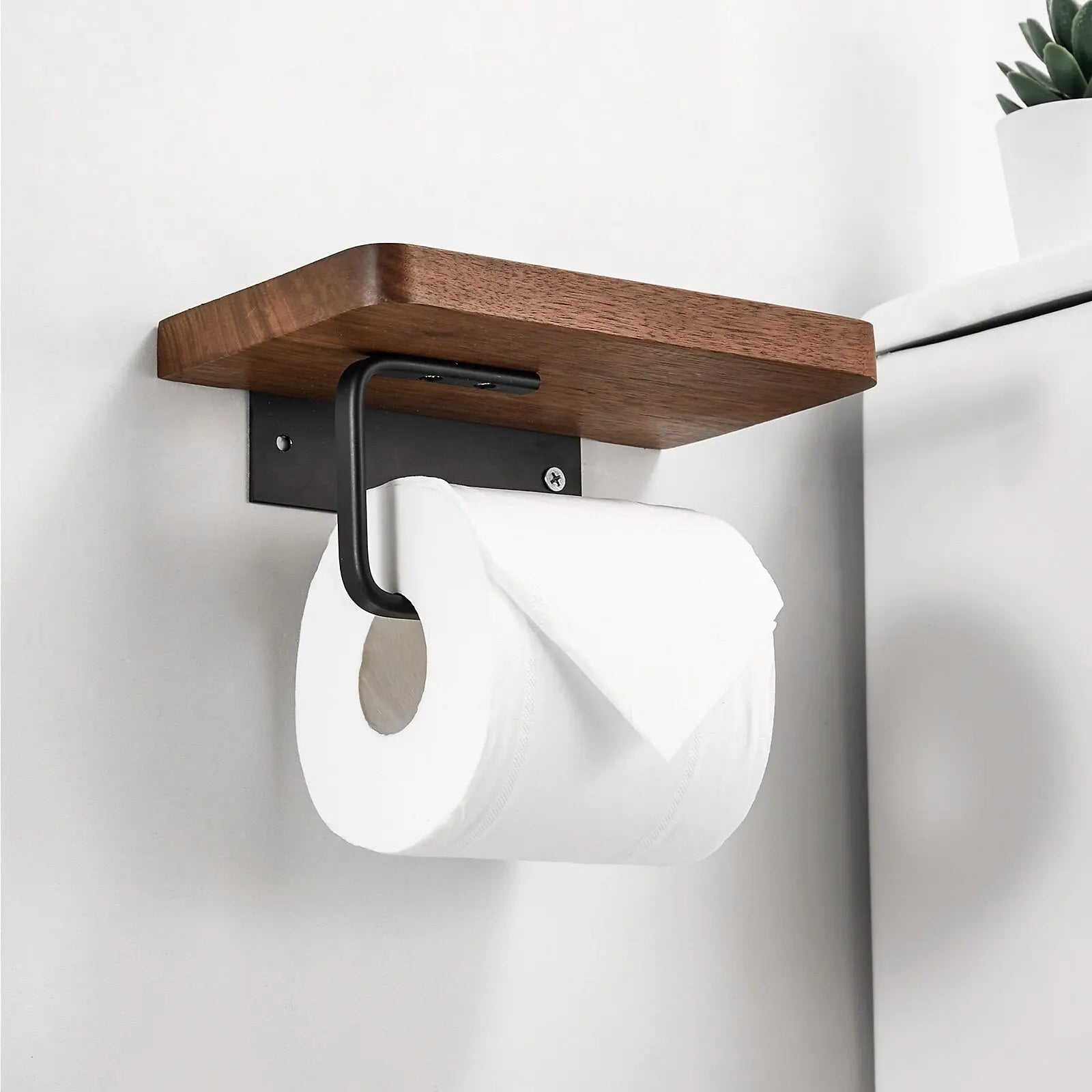 Toilettenpapierhalter Holz Metall mit Ablage Wandmontage WC Halterung