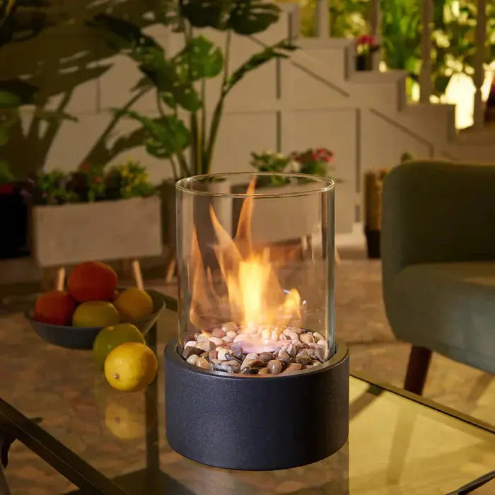 Tischfeuer Gasflamme Laterne – Glas Windschutz für Terrasse & Garten