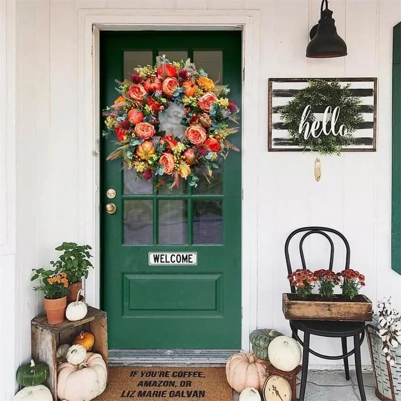 Herbstkranz mit Pfingstrosen und Kürbis für Tür und Wand