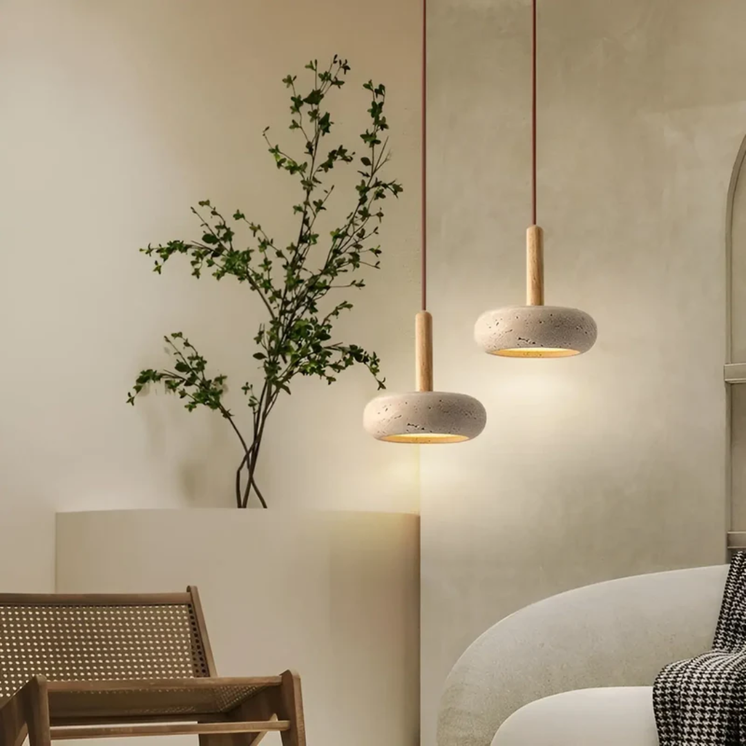 LED Hängeleuchte Japanischer Stil Naturstein Holz Warmweiß Ø15cm