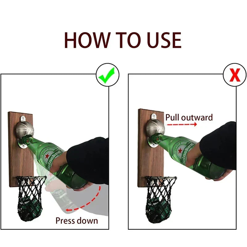 Wandflaschenöffner Basketball-Design mit Kronkorken-Auffangnetz